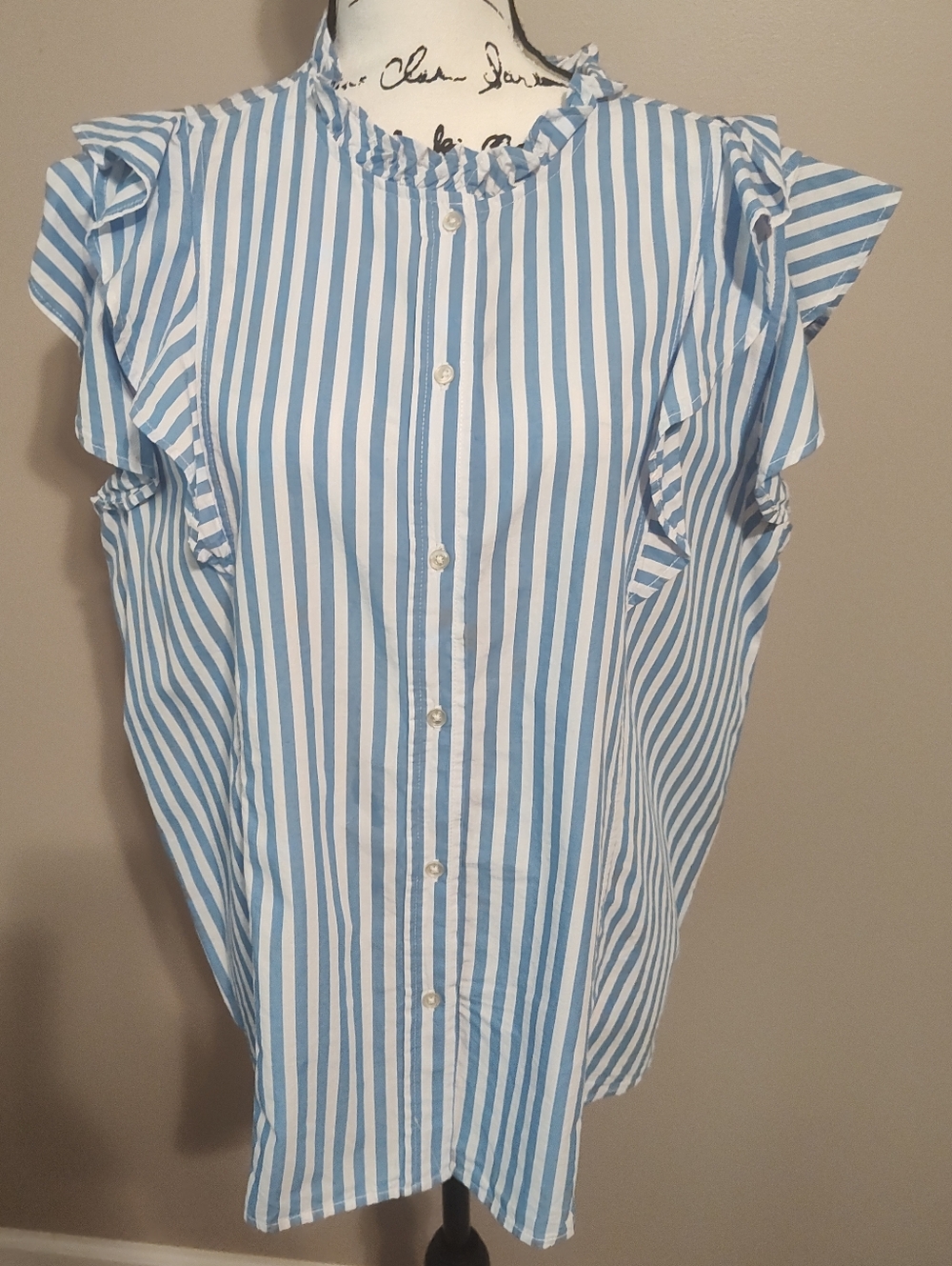 Striped Blue & White Ruffle Sleeve Button-Down Blouse